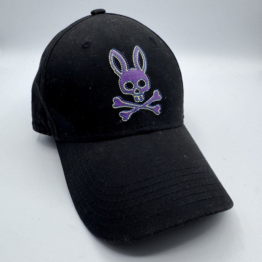 Psycho Bunny Men’s Black Skull Bunny Crossbones Logo Adjustable Baseball Cap New